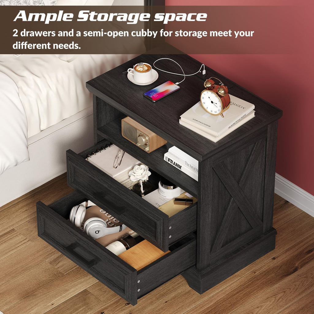24 Inch Wide Farmhouse Nightstands Set of 2 with Charging Station, Dark Gray Nightstand with 2 Large Drawers, Rustic Wood End Table for Bedroom