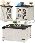 Farmhouse Coffee Table Sets 3 Pieces, 24'' End Table with Charger and Narrow 14'' Nightstand w/Glass Barn Door, Large Coffee Tables with Hidden Storage Organizer, Living Room Sets