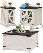 Farmhouse Coffee Table Sets 3 Pieces, 24'' End Table with Charger and Narrow 14'' Nightstand w/Glass Barn Door, Large Coffee Tables with Hidden Storage Organizer, Living Room Sets