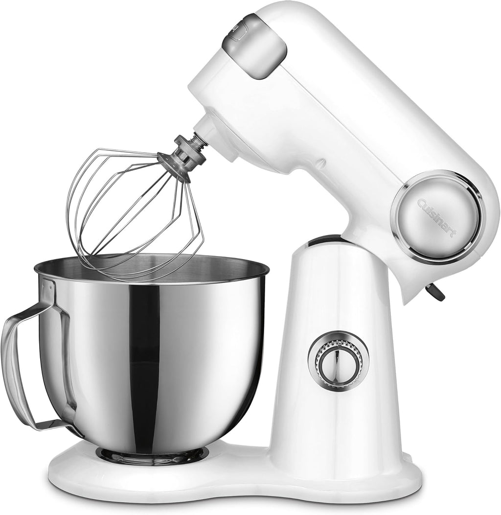 Cuisinart Stand Mixer, 12 Speed, 5.5 Quart Stainless Steel Bowl, Chef's Whisk, Mixing Paddle, Dough Hook, Splash Guard w/ Pour Spout, White Linen, SM-50, Manual