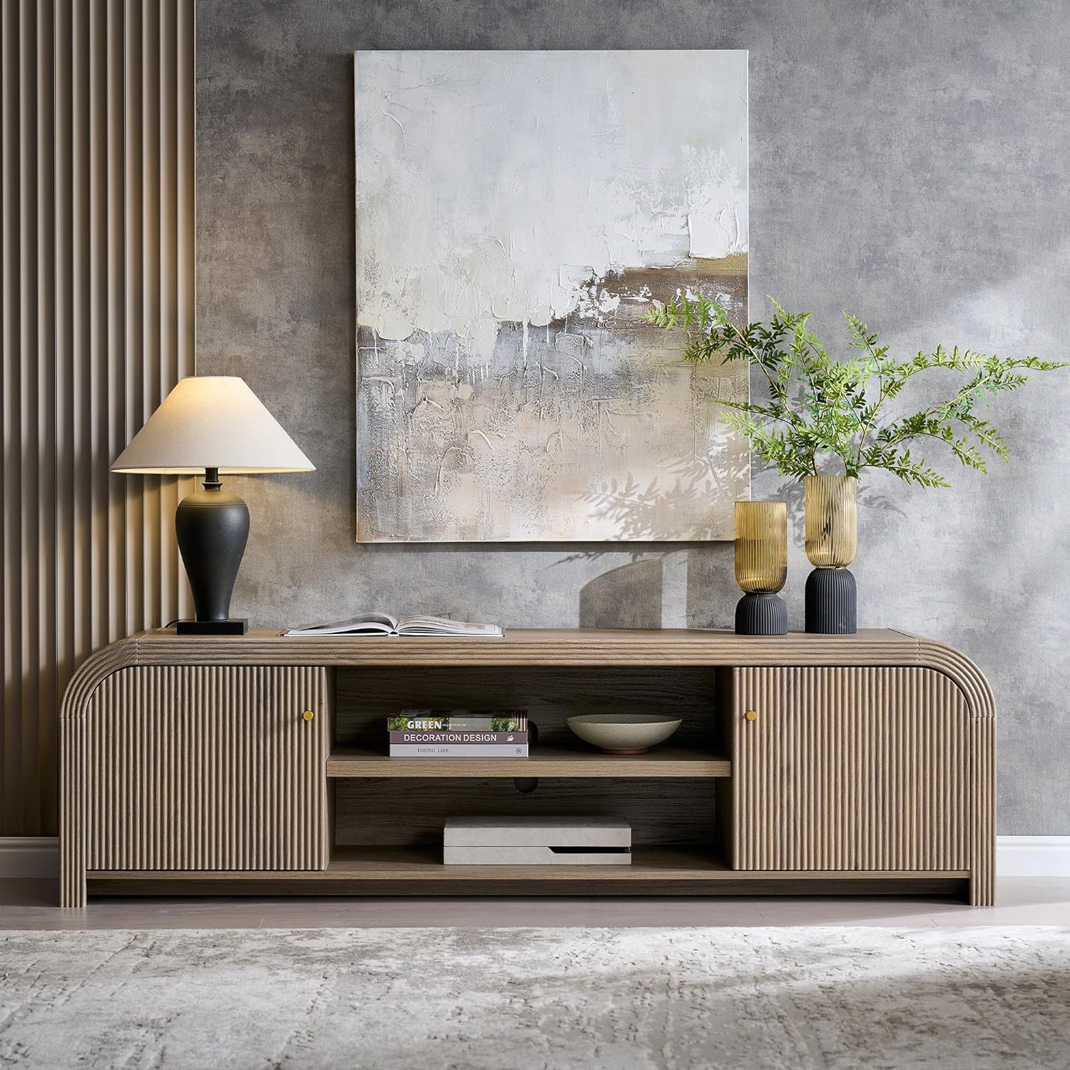 T4TREAM 70" Modern Fluted TV Stand, Long TV Table Entertainment Center with Storage, Media Console for Living Room with Door and Adjustable Shelves (Alder Grey)