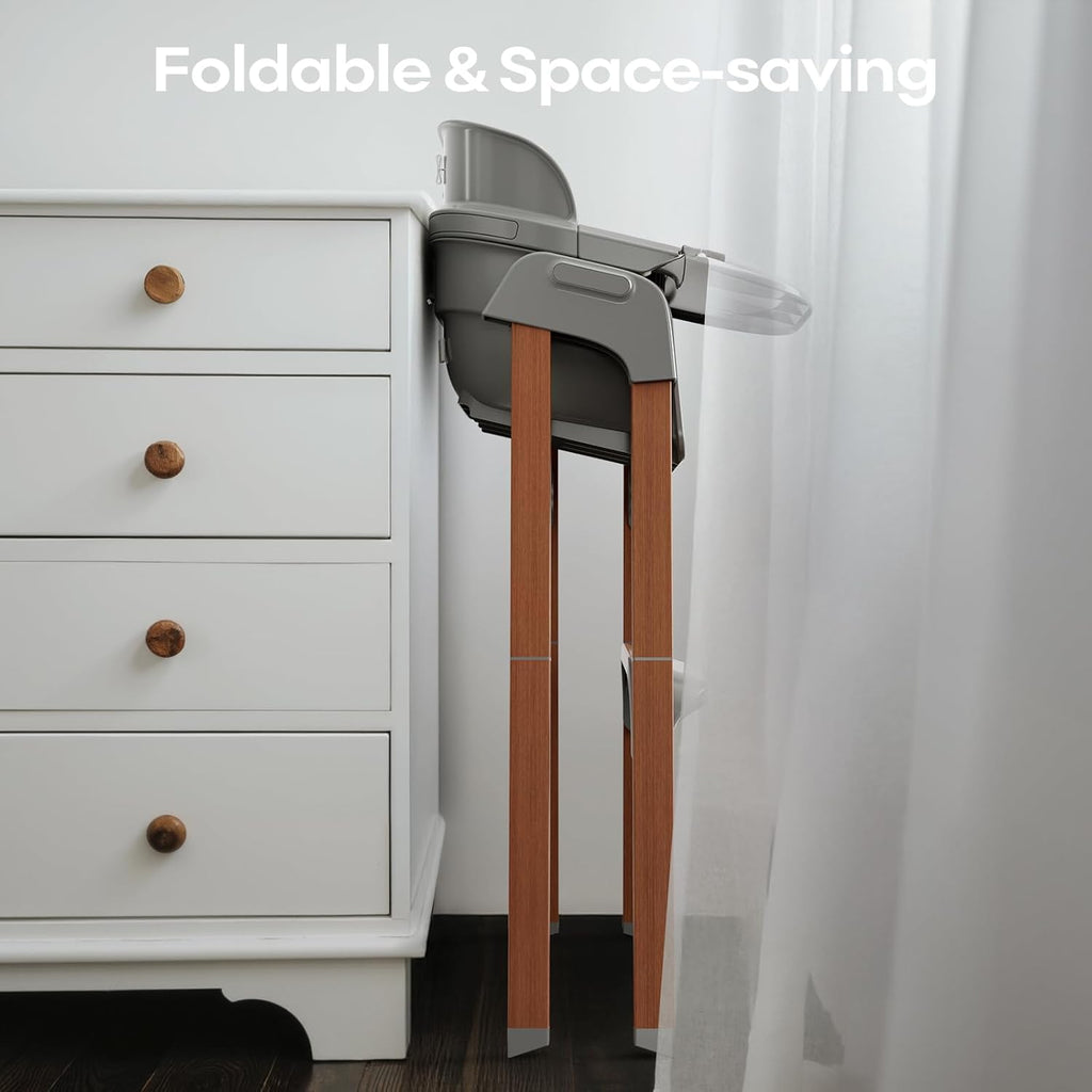 Fodoss Baby High Chair, Light Gray, 4-in-1 Foldable Design, Sturdy Metal Square Tube with Wood Grain, Removable Dishwasher Safe Tray, 5-Point Harness, Waterproof Cushion