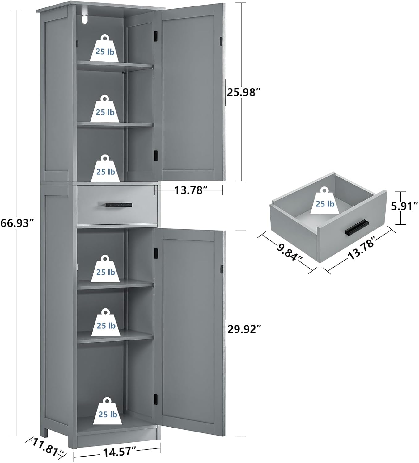 usikey 67“ Tall Bathroom Cabinet, Storage Cabinet with 4 Shelves & 2 Doors, Narrow Storage Cabinet for Bathroom, Living Room, Home Office, Greige UNSNG040G