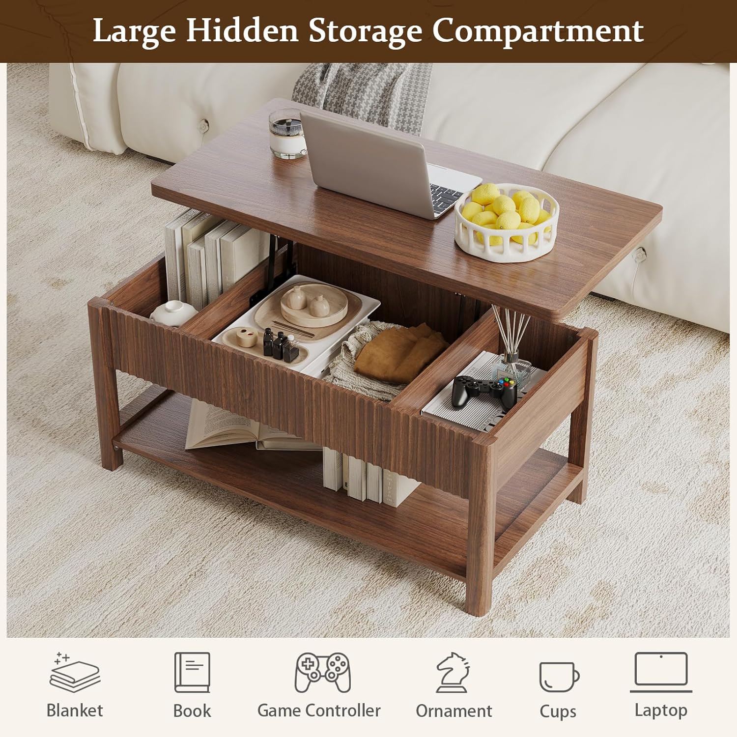 Lift Top Coffee Table with Storage for Living Room, 2-in-1 Modern Center Table & Desk with Hidden Storage Compartment & Open Shelf, Space Saving for Small Space & Apartment (Walnut)