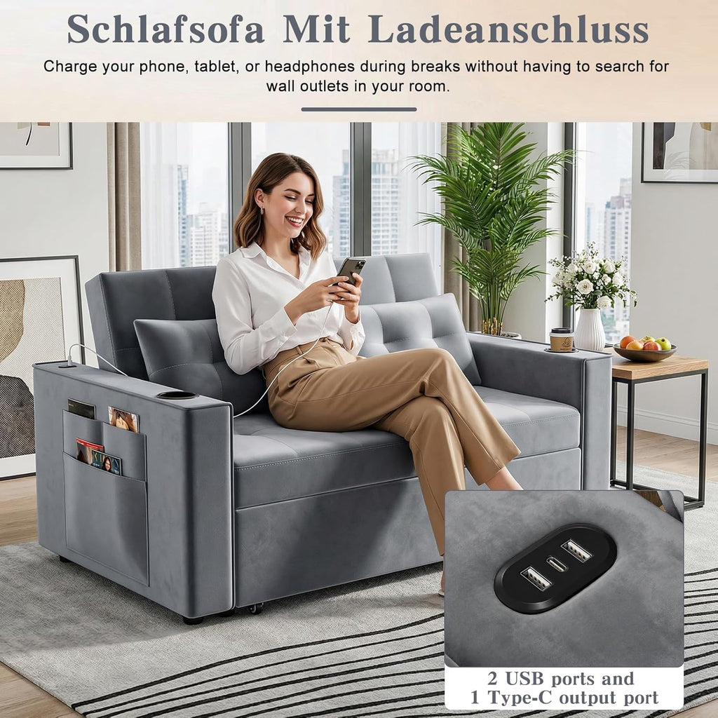3-in-1 Pull Out Sofa Bed with Charging Station, Cup Holder & Side Storage - 70" Multi-Functional Recliner Sofa Bed for Home Living Room Grey 2