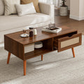 ZttRiee Coffee Table with Storage, Boho Dining Table with Rattan Drawer and Solid Wood Legs, Small Coffee Tables for Living Room, Walnut