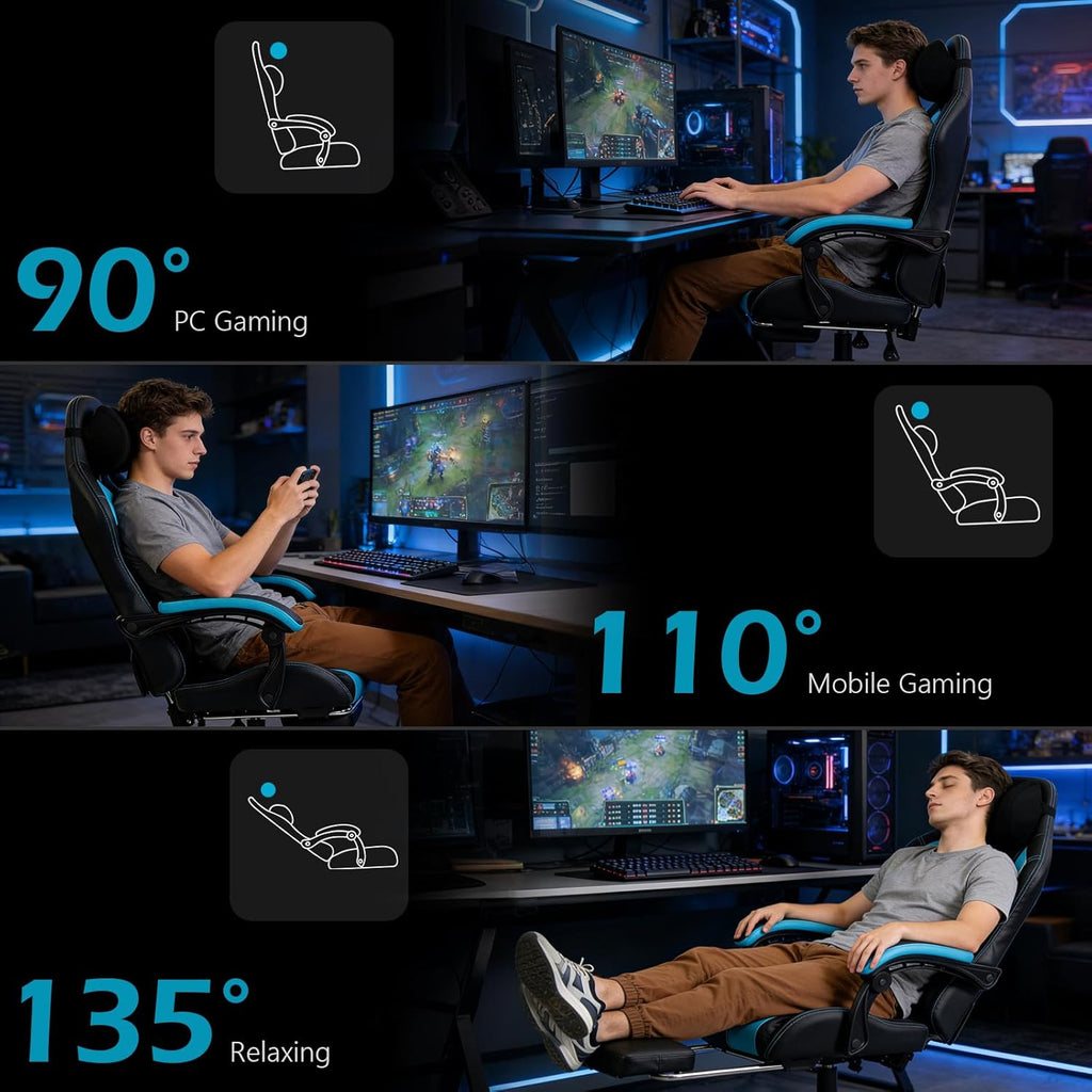 Ergonomic Gaming Chair for Adults with Footrest - Height Adjustable Reclining Gamer Chair 135° with Headrest and Lumbar Support, Comfy Video Game Computer Desk Chair for Home Office, Blue