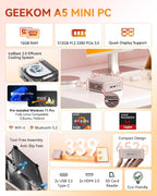 GEEKOM A5 Mini PC (3-Year Coverage) with AMD Ryzen 5 7430U  16GB RAM(Expandable  Not LPDDR)  512GB NVMe SSD  Windows 11 Pro Desktop Computer  8K Quad Display  HDMI 2.0  SD 4.0 Slot  Bunsiness Home