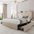 Upholstered Full Size Bed Frame with 4 Storage Drawers, Platform Bed with Wingback Headboard, Charging Station, No Box Spring Needed, Beige