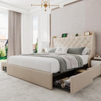 Upholstered Full Size Bed Frame with 4 Storage Drawers, Platform Bed with Wingback Headboard, Charging Station, No Box Spring Needed, Beige