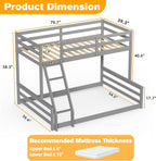 TOLEAD Low Bunk Bed Twin Over Full, Floor Bunk Bed with Ladder, Wooden Bunk Bed with Full Guardrails, Low Bunk Bed for Juniors, Boys, Girls, Kids, Bedroom, Grey
