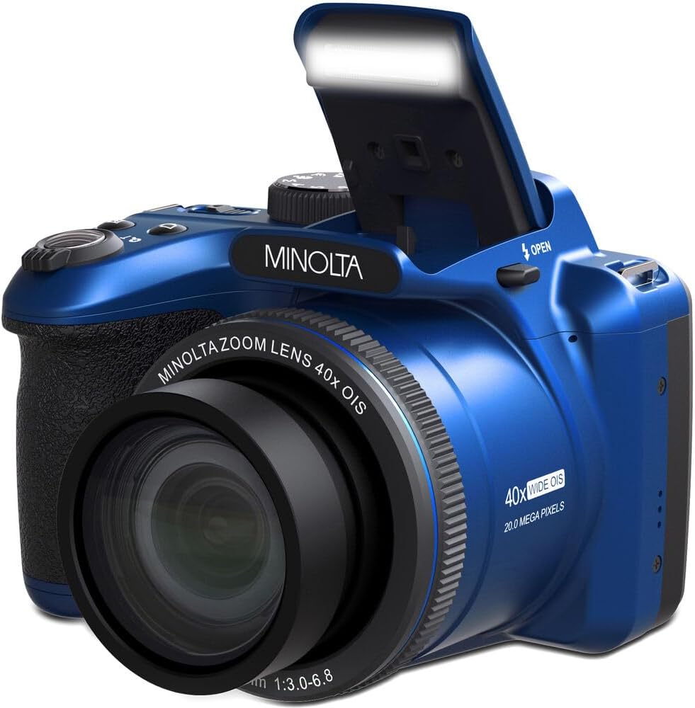MINOLTA MN40Z 20 Mega Pixels 40x Optical Zoom Digital Camera with 1080p FHD Video  Blue  Bundle with 64GB Memory Card + Vlogging Tripod + 4xAA Battery with Charger + More Accessories
