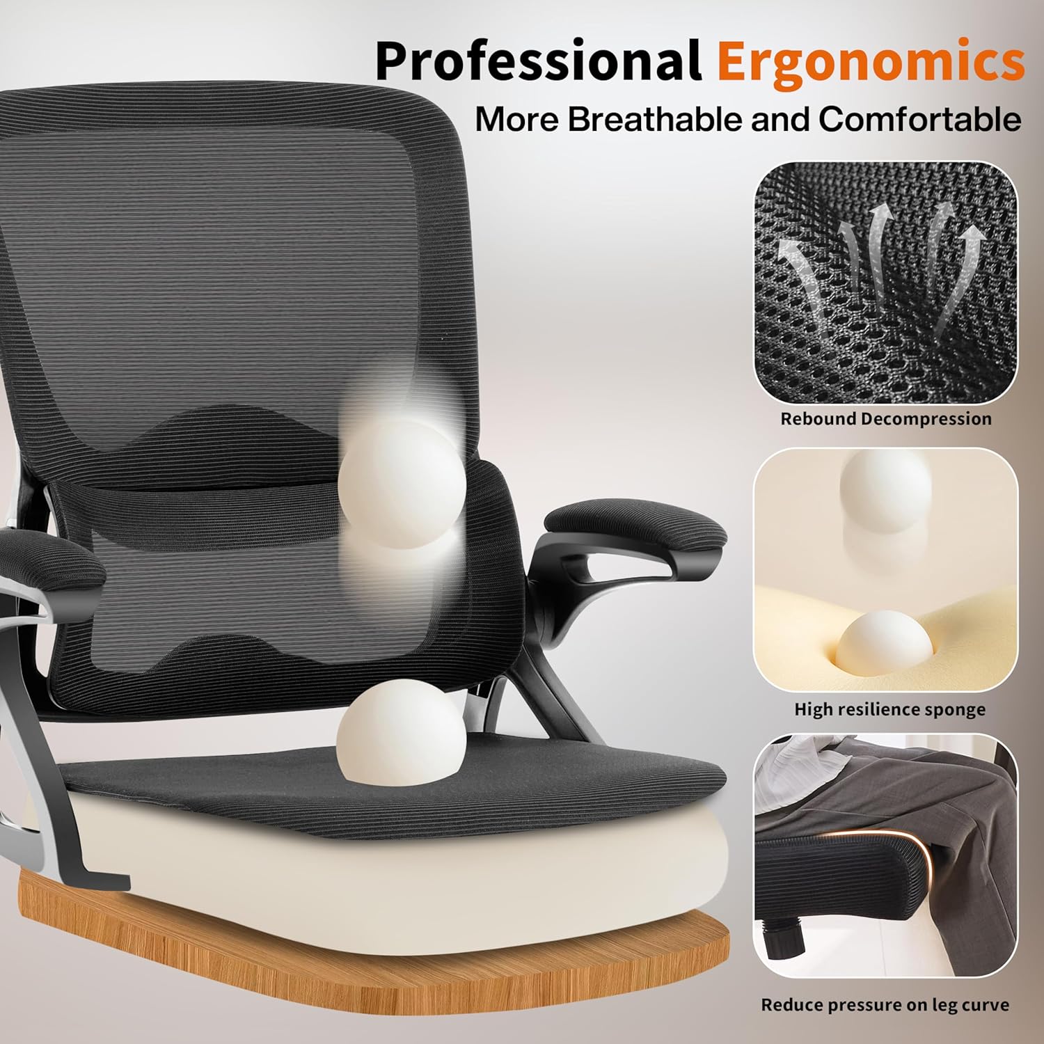 Ergonomic Office Chair,Mesh Office Chair with Lumbar Support,Mid Back Desk Chair with Flip-up Arms,400 lbs Comfy Computer Chair for Home Office