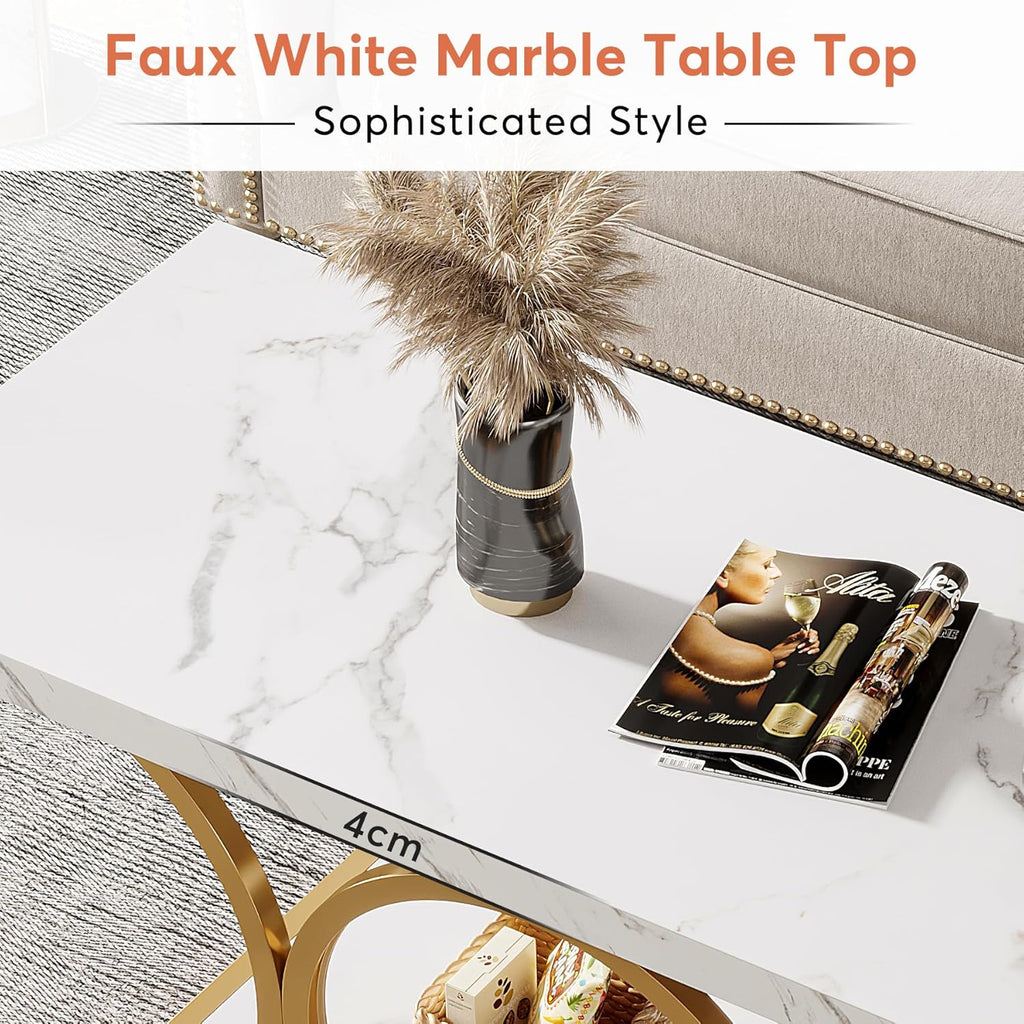 Tribesigns 46.45” Rectangle Coffee Table, Modern Coffee Tables for Living Room, 2-Tier Faux Marble Wood Coffee Table with Geometric Legs, Furniture with Storage Shelf (White & Gold)