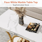 Tribesigns 46.45” Rectangle Coffee Table, Modern Coffee Tables for Living Room, 2-Tier Faux Marble Wood Coffee Table with Geometric Legs, Furniture with Storage Shelf (White & Gold)