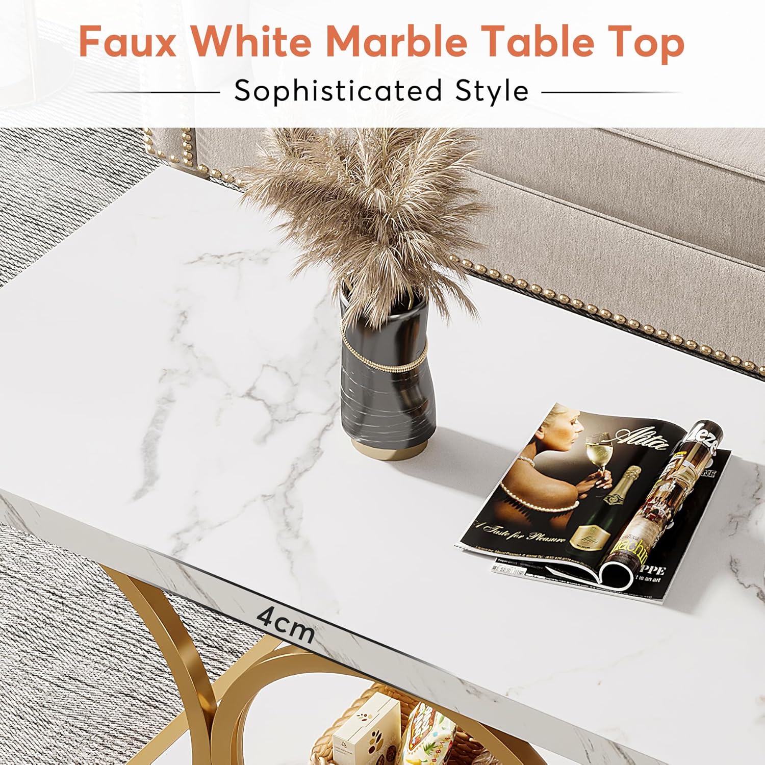 Tribesigns 46.45” Rectangle Coffee Table, Modern Coffee Tables for Living Room, 2-Tier Faux Marble Wood Coffee Table with Geometric Legs, Furniture with Storage Shelf (White & Gold)