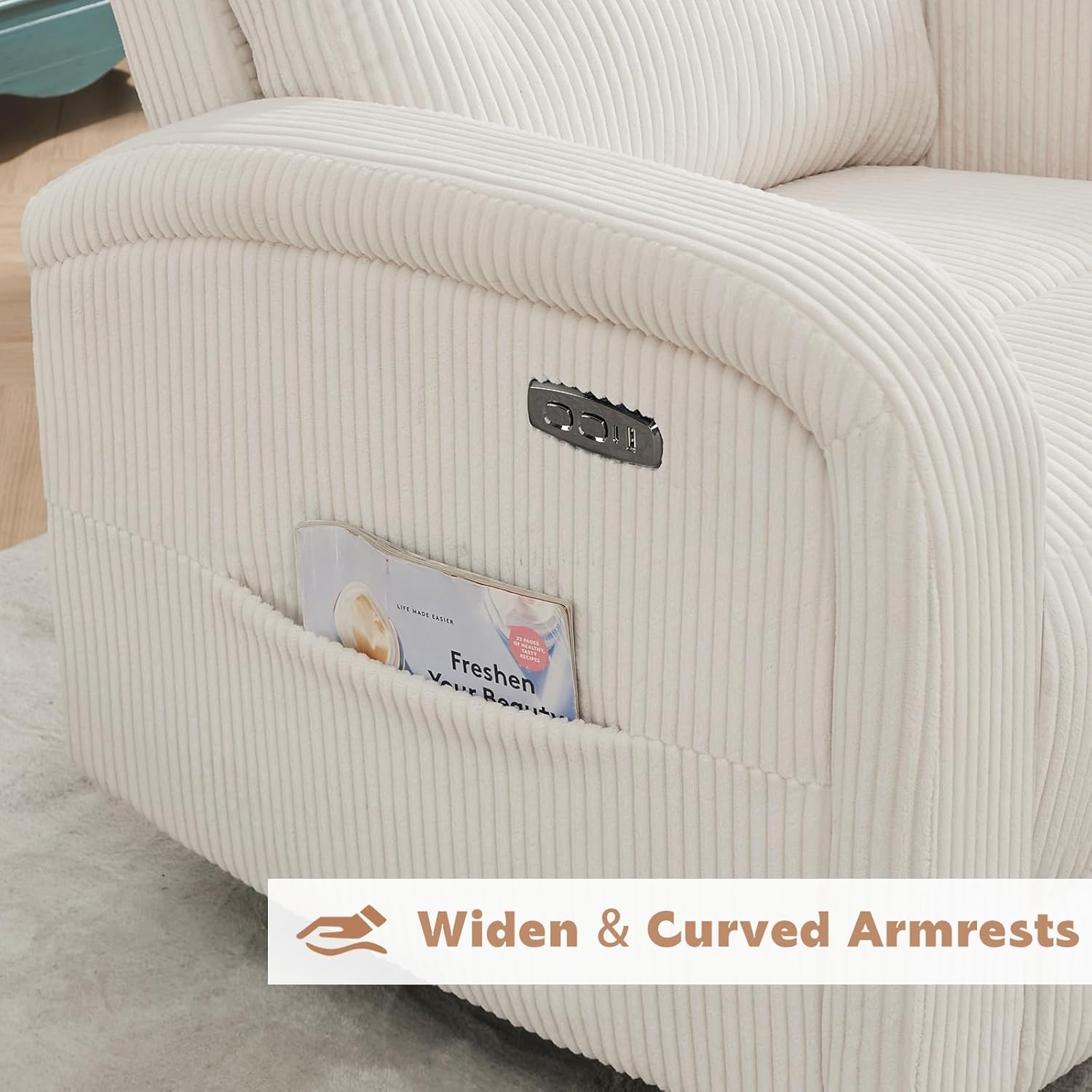 Power Swivel Rocker Recliner Chair for Nursery, Swivel Reclining Rocking Chairs, Electric Swivel Recliner Glider Nursery for Living Room, Upholstered Recliner Chairs for Bedroom, Corduroy White