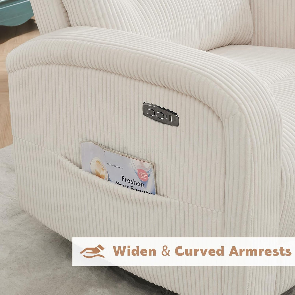Power Swivel Rocker Recliner Chair for Nursery, Swivel Reclining Rocking Chairs, Electric Swivel Recliner Glider Nursery for Living Room, Upholstered Recliner Chairs for Bedroom, Corduroy White