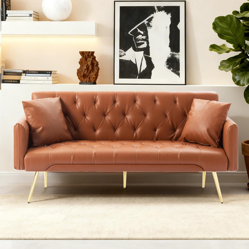 Anwick 72" Modern PU Leather Sofa Bed Futon,Convertible Folding Sleeper Bed Couches with 3 Adjustable Backrests,Tufted Recliner Loveseat with Golden Chrome Legs for Small Living Room Office (Brown)