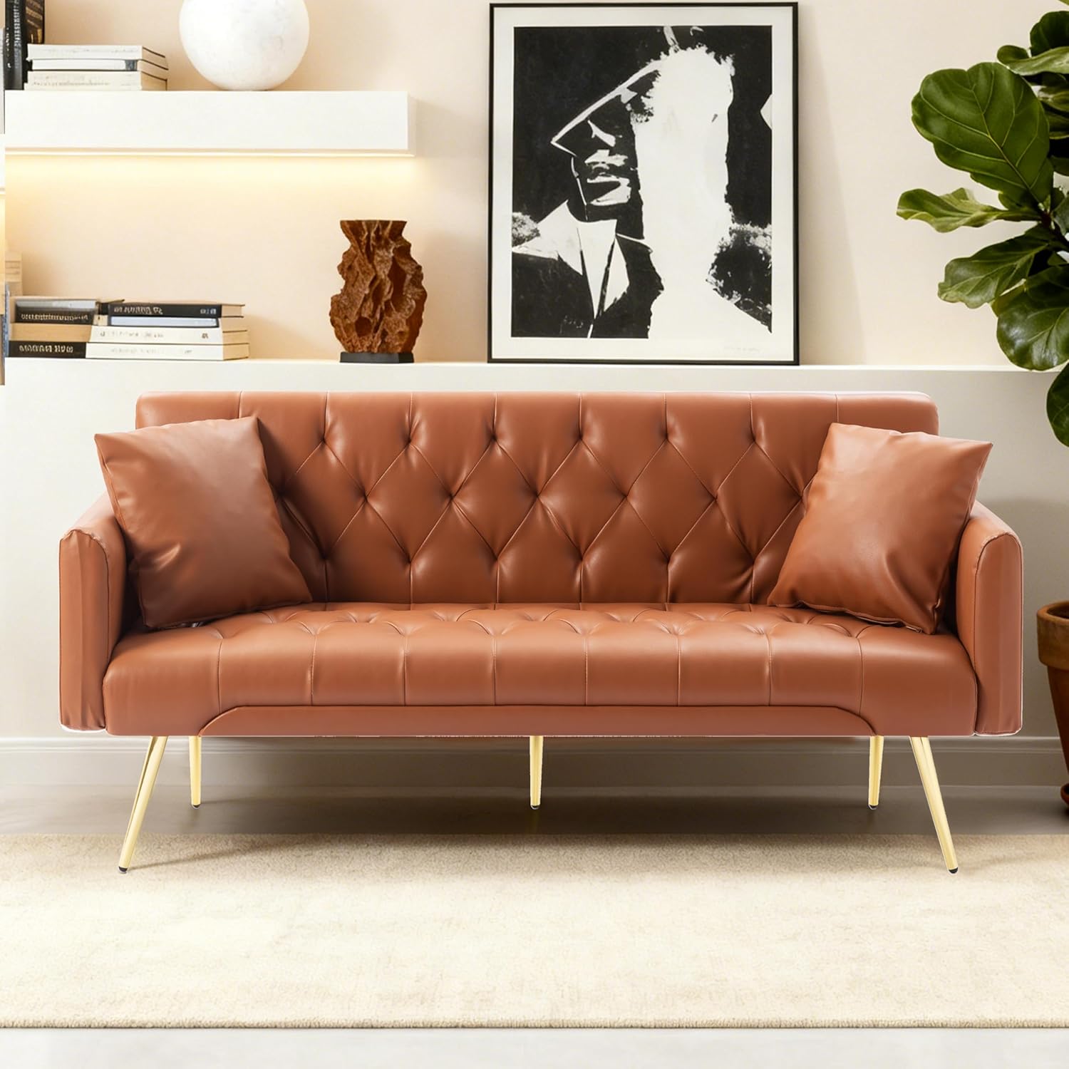 Anwick 72" Modern PU Leather Sofa Bed Futon,Convertible Folding Sleeper Bed Couches with 3 Adjustable Backrests,Tufted Recliner Loveseat with Golden Chrome Legs for Small Living Room Office (Brown)