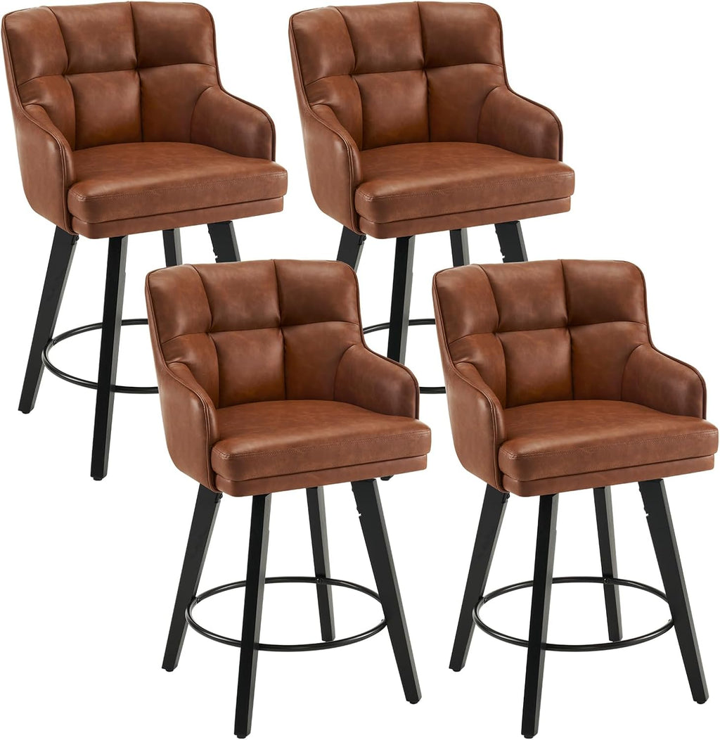 360°Swivel Counter Height Bar Stools with Back, 26 inch Solid Wood Legs, Bar Stool Modern Kitchen Island Chairs, Faux Leather (Brown- Faux Leather, 26" H- Set of 4)