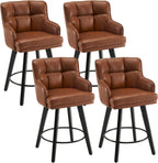 360°Swivel Counter Height Bar Stools with Back, 26 inch Solid Wood Legs, Bar Stool Modern Kitchen Island Chairs, Faux Leather (Brown- Faux Leather, 26" H- Set of 4)