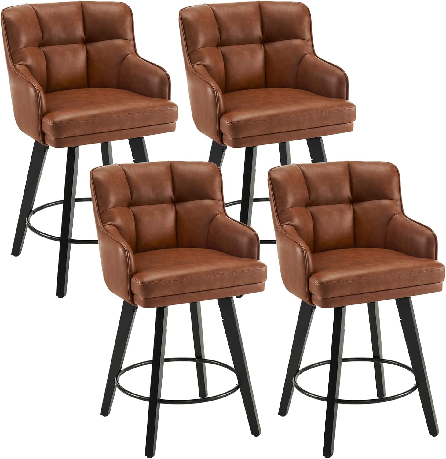 360°Swivel Counter Height Bar Stools with Back, 26 inch Solid Wood Legs, Bar Stool Modern Kitchen Island Chairs, Faux Leather (Brown- Faux Leather, 26" H- Set of 4)