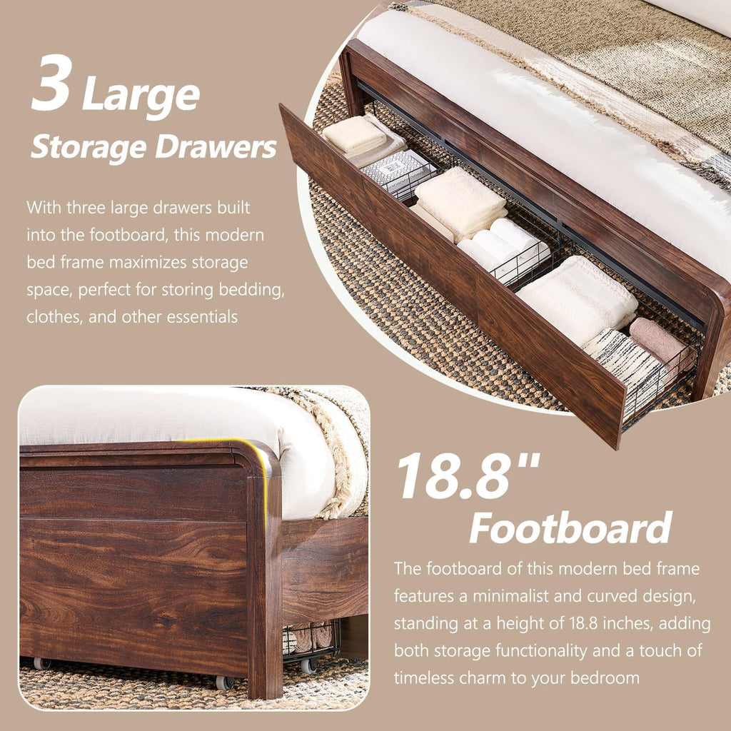 Modern King Size Bed Frame with 50" Tall Headboard, Wood King Size Platform Bed Frame w/3 Storage Drawers, Curved Profile Design, No Box Spring Needed, Easy Assembly, Noise Free, Dark Walnut