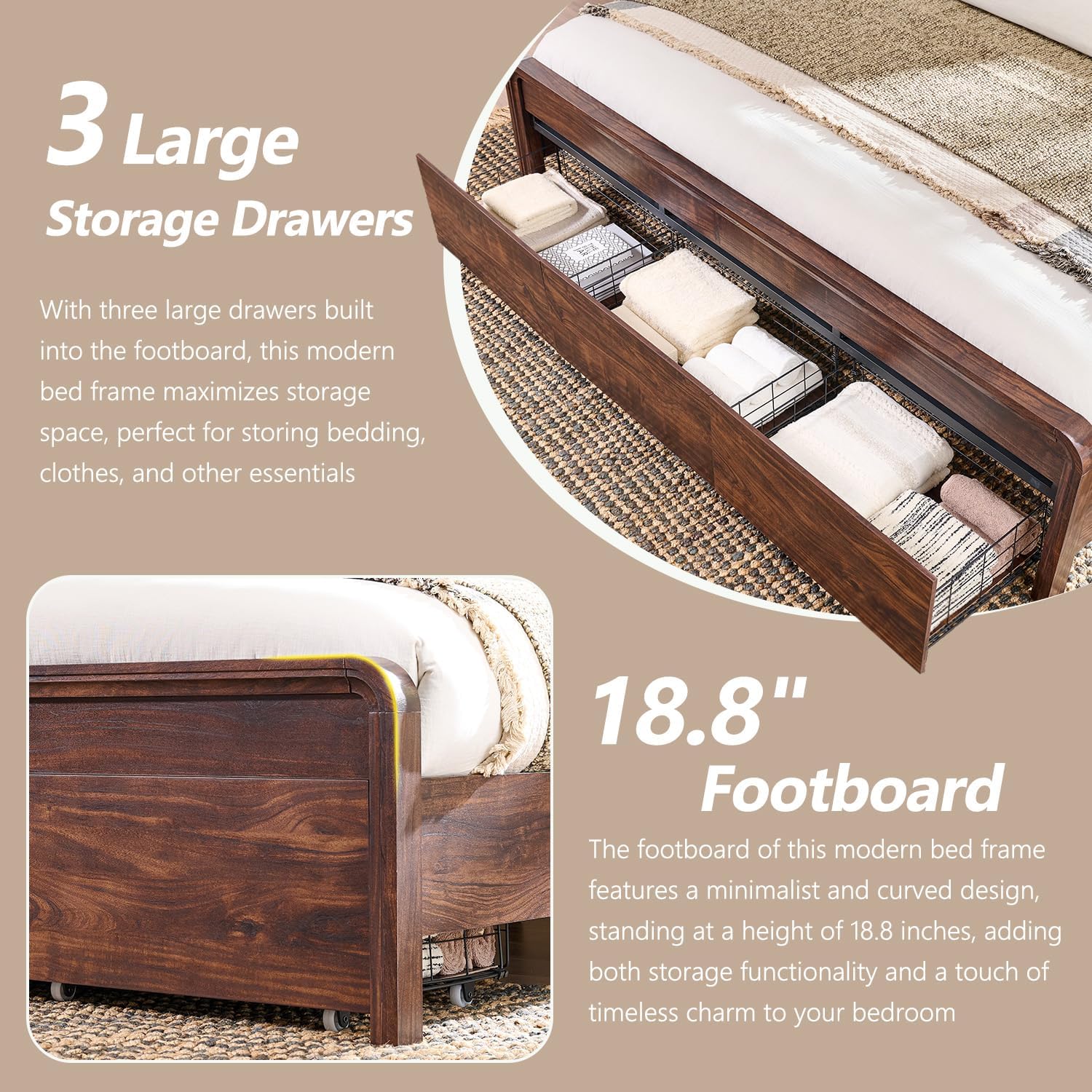 Modern King Size Bed Frame with 50" Tall Headboard, Wood King Size Platform Bed Frame w/3 Storage Drawers, Curved Profile Design, No Box Spring Needed, Easy Assembly, Noise Free, Dark Walnut