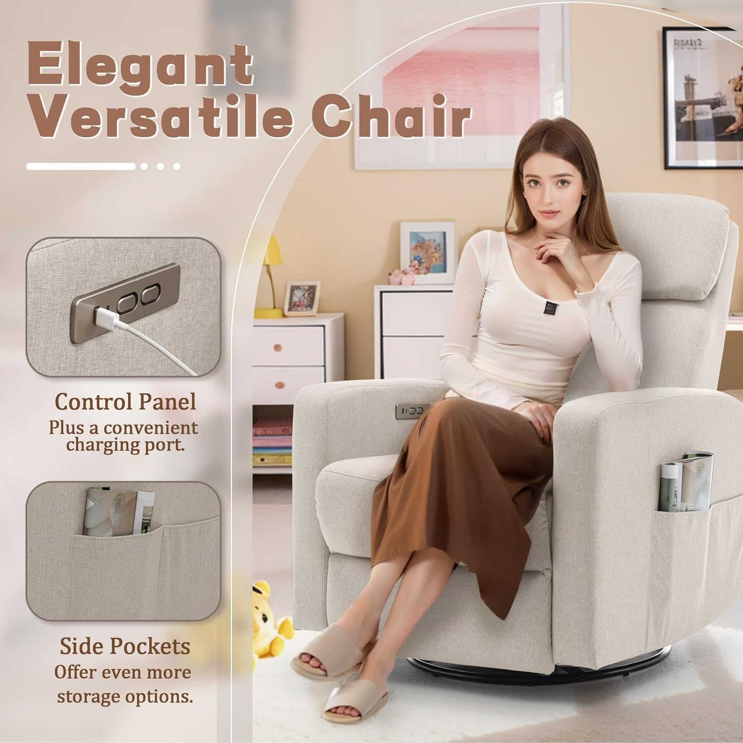 Power Swivel Recliner Chairs for Adults, Electric Glider Rocking Chair Nursery, Glider Recliner Nursery Chair with Classified Side Pocket, Nursery Rocking Chairs with USB and Type-C Ports
