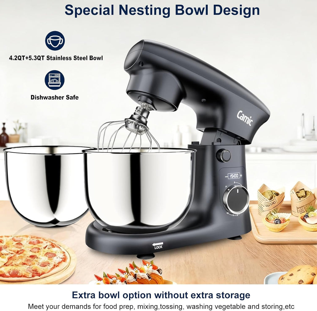 Camic Stand Mixer, 4.2QT+5.3QT Two bowls Electric Food Mixer, 10 Speeds with Digital setting 3-IN-1 Kitchen Mixer for Baking Cakes Cookie Bread Salad with Egg Whisk,Dough Hook,Flat Beater (Grey)