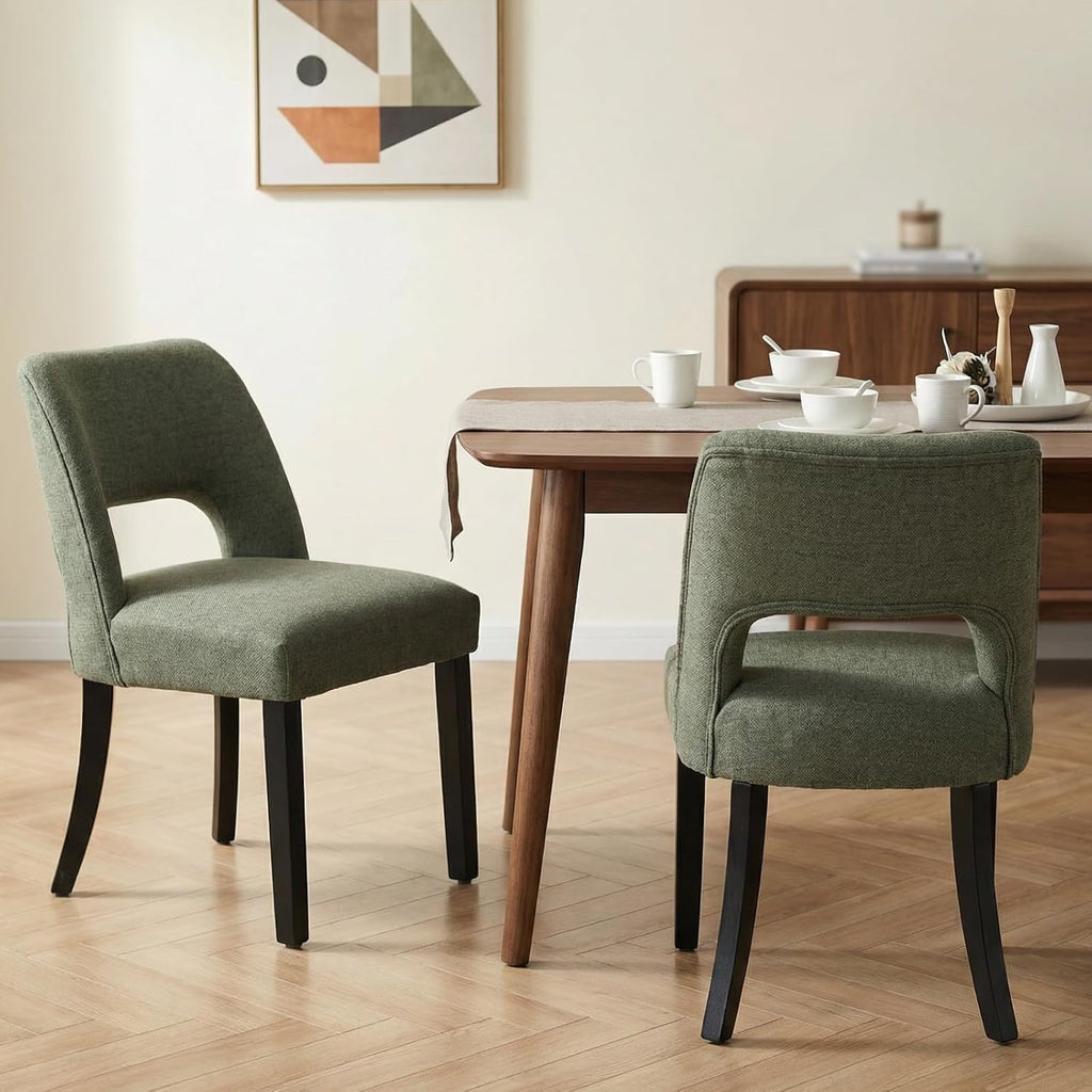 keoni Wooden Dining Chairs Set of 4, Mid Century Modern Upholstered Dining Room Chairs with Black Wood Legs, Fabric Farmhouse Kitchen Chairs with Foot Pegs for Dining Room, Green