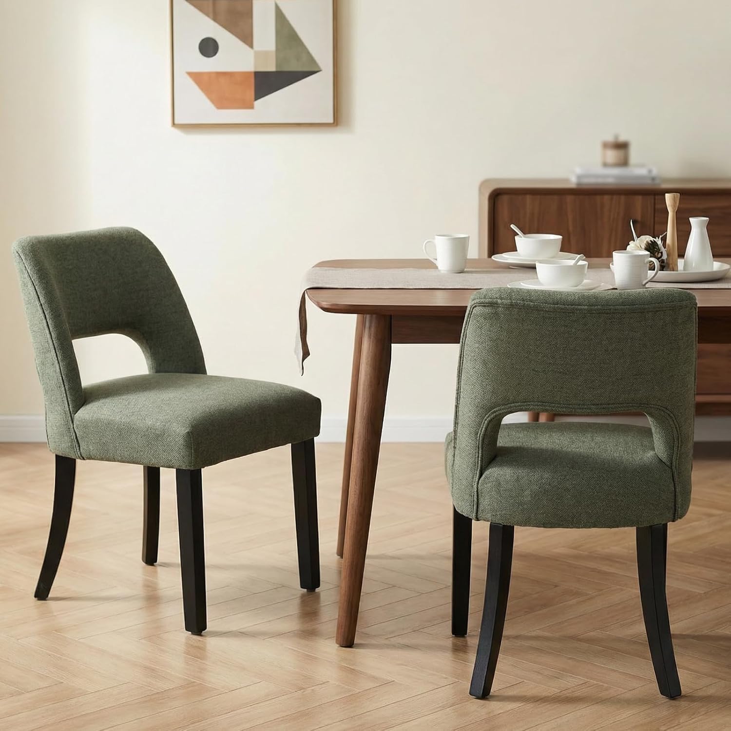 keoni Wooden Dining Chairs Set of 4, Mid Century Modern Upholstered Dining Room Chairs with Black Wood Legs, Fabric Farmhouse Kitchen Chairs with Foot Pegs for Dining Room, Green