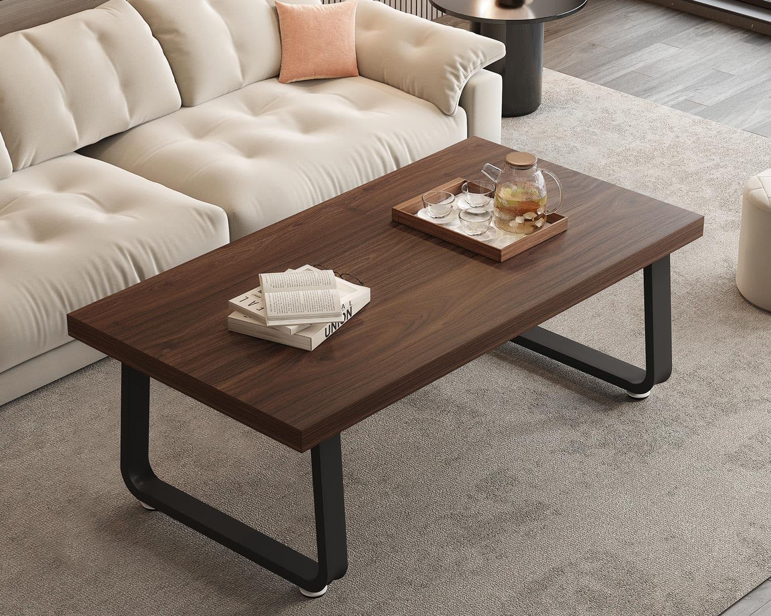 HSH Rustic Walnut Coffee Table, 39” Mid Century Modern Center Table, Rectangle Industrial Living Room Coffee Table, Simple Farmhouse Wood and Metal Tea Coffee Tables for Home Bedroom, Walnut, 39 in
