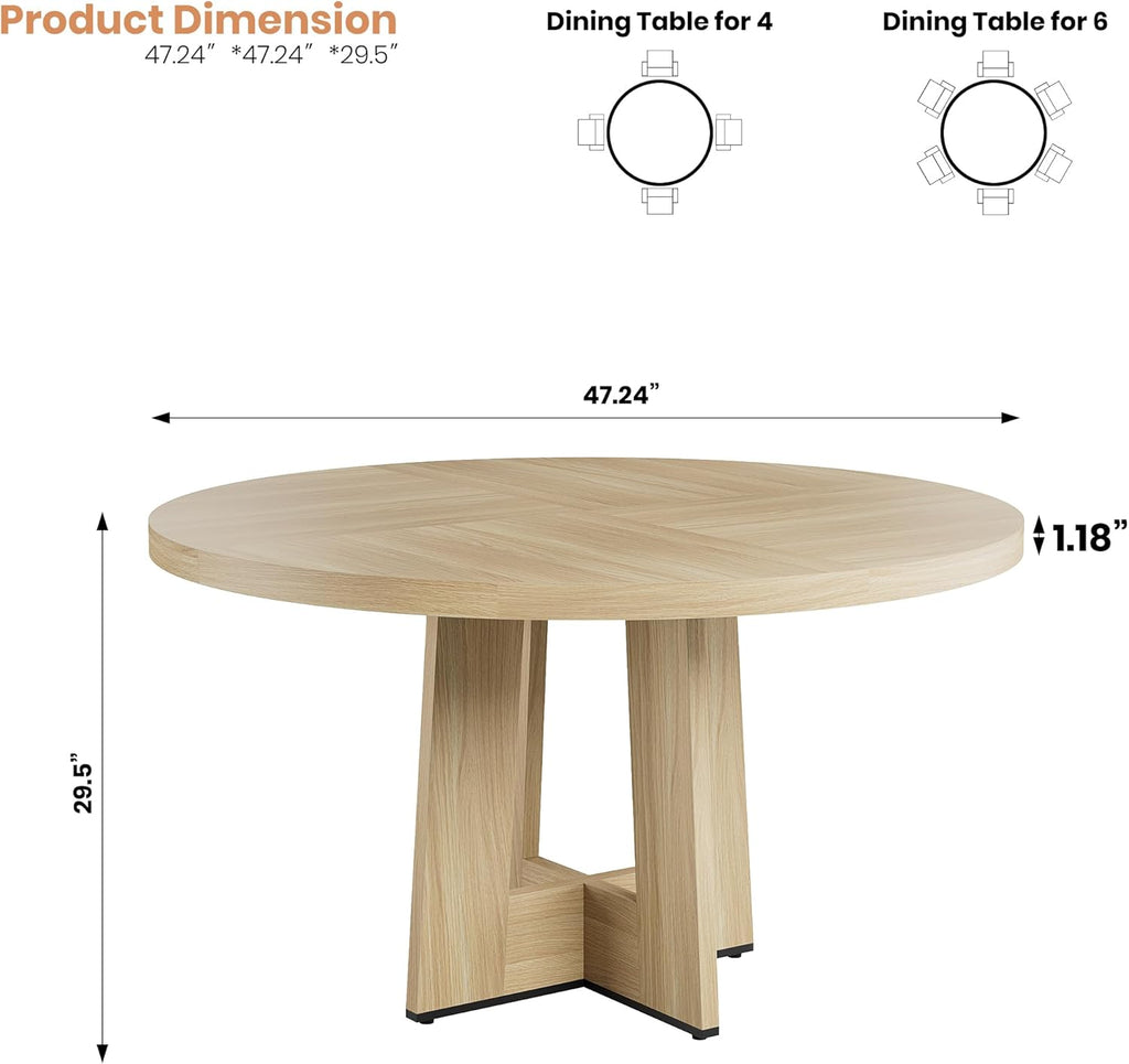 Garvee 47" Round Dining Table for 4-6 People - Circle Kitchen Dinner Table with Sturdy Pedestal Base, Space Saving Dinning Room Furniture for Living Room, Kitchen, Apartment, Natural