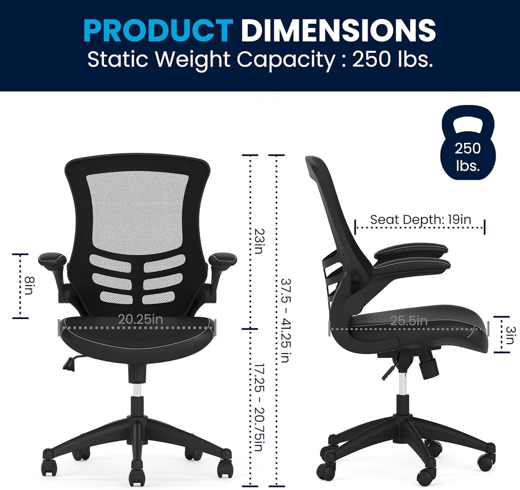 Flash Furniture Kelista Mid-Back Swivel Office Chair with Adjustable Seat Height, Ergonomic Mesh Desk Chair with LeatherSoft Seat, Black