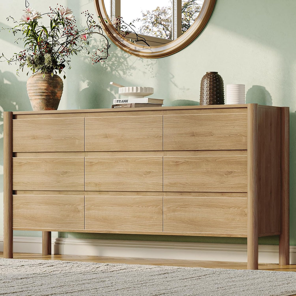 CHUWELL Oak Dresser for Bedroom, 63" Wide Mid Century Modern Chest of Drawers with 9 Large Storage Space and 4 Solid Wood Cylindrical Legs, 9 Drawer Large Dresser for Bedroom