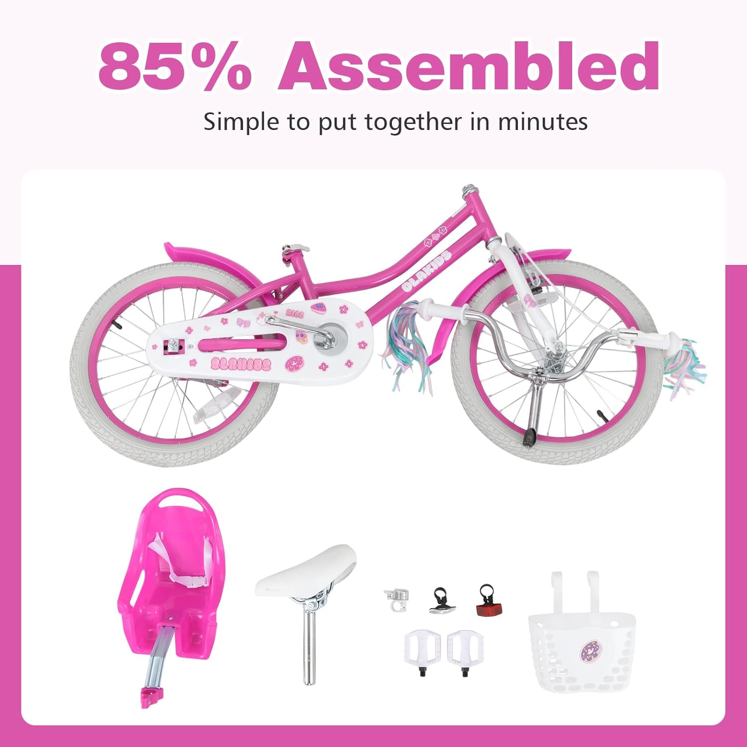 Olakids Kids Bike, 12 14 16 18 20 Inch Toddlers Bike with Doll Seat Basket Adjustable Seat and Handlebar, Handbrake and Coaster Brake, Children's Bicycle for Girls