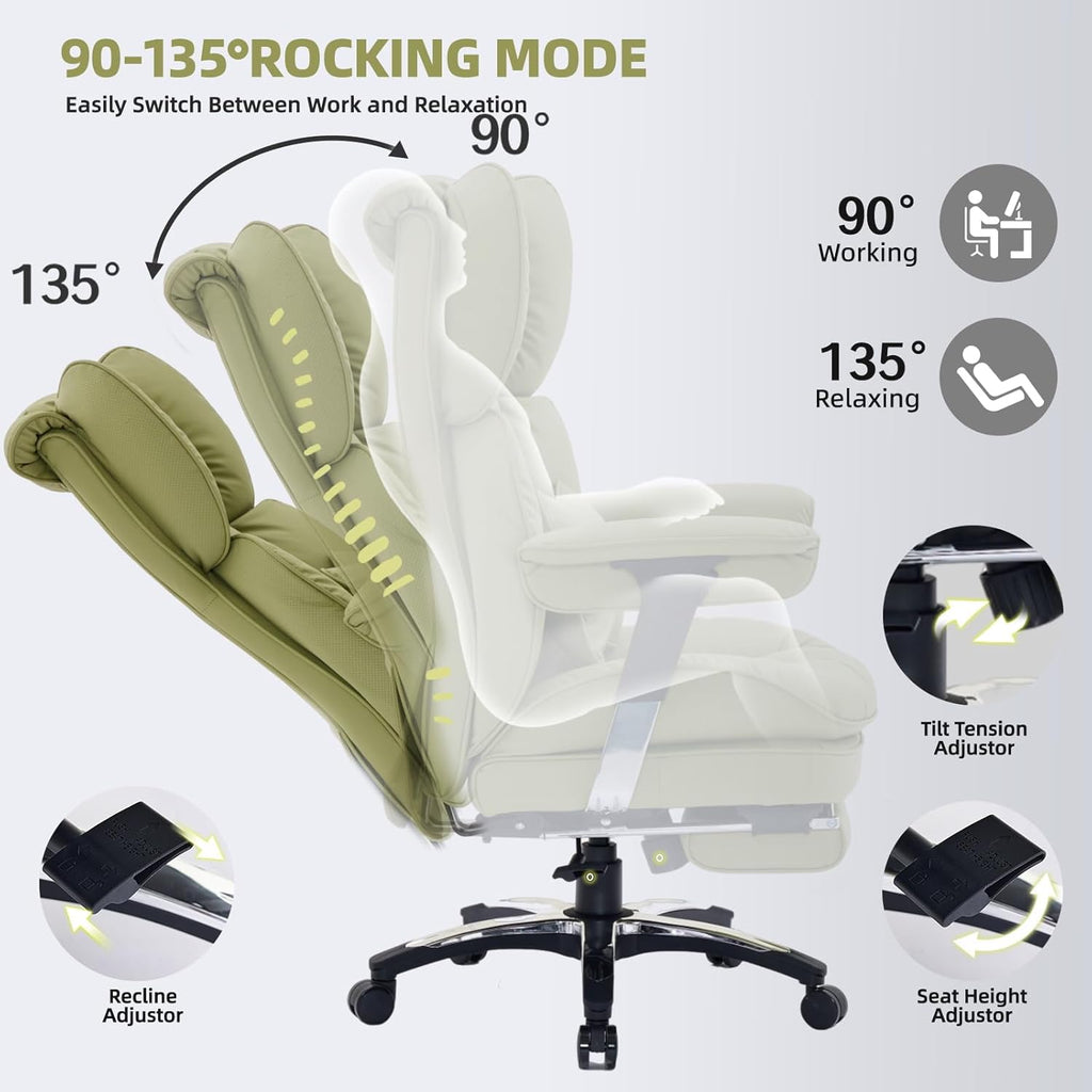 Efomao Big and Tall Office Chair with Footrest – High Back Computer Chair with Adjustable Armrests .Executive Office Chair with Wide Seat, Modern Desk Chair for Home Office, Gaming, or Study, Green