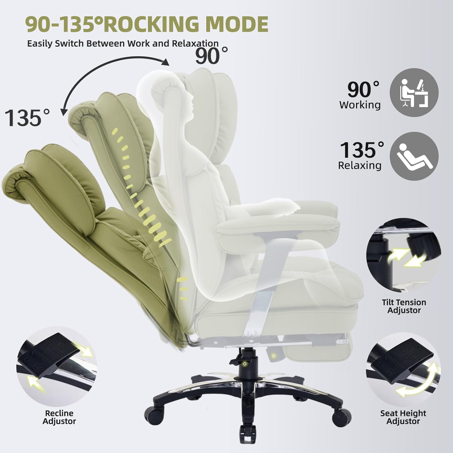 Efomao Big and Tall Office Chair with Footrest – High Back Computer Chair with Adjustable Armrests .Executive Office Chair with Wide Seat, Modern Desk Chair for Home Office, Gaming, or Study, Green