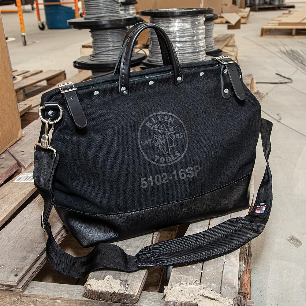 Klein Tools 510216SPBLK Tool Bag, Large 16-Inch Deluxe Canvas Tool Bag and Organizer with 13 Pockets and Shoulder Strap, Black