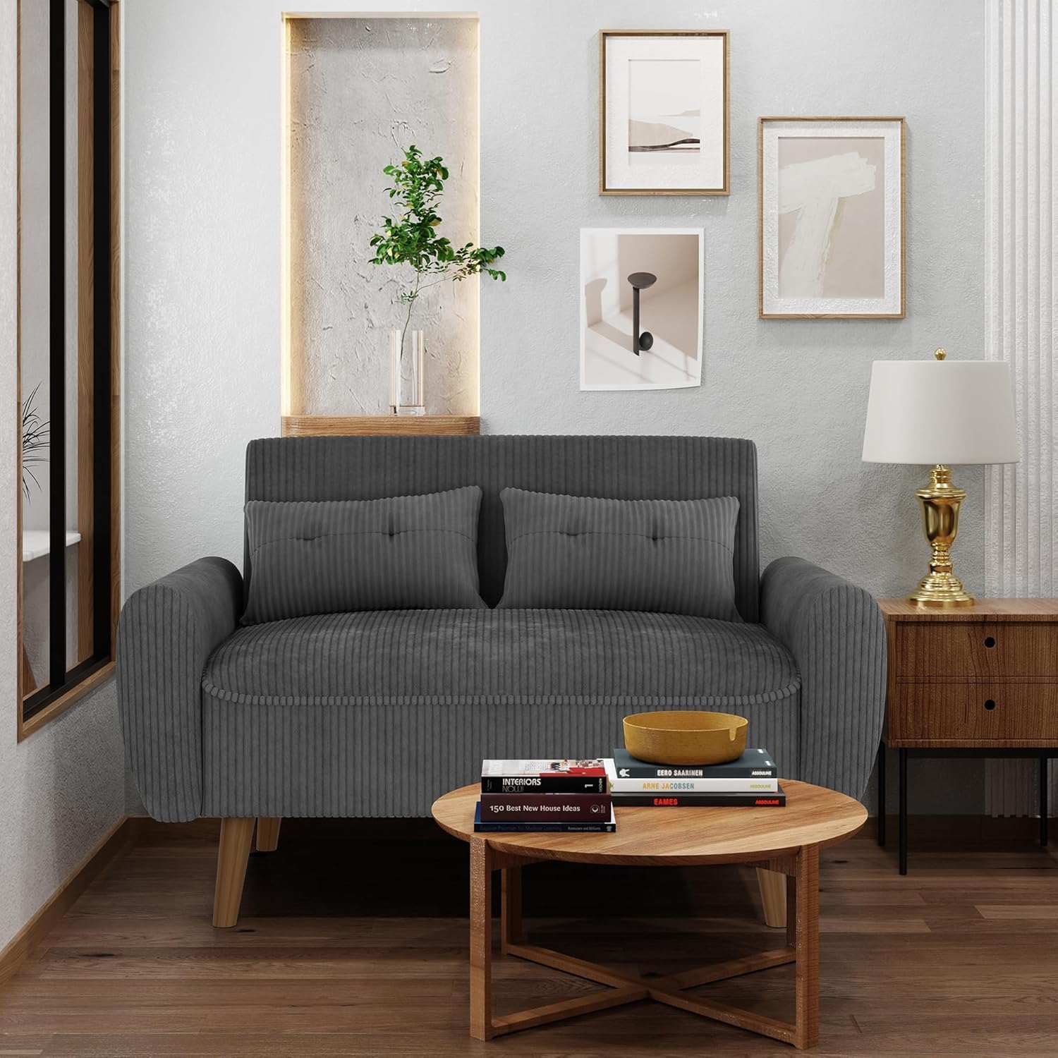 Shintenchi Small Modern Loveseat Couch Sofa, Mid Century Fabric Upholstered 2-Seat Sofa Couch Love Seats Furniture for Small Space, Dark Grey