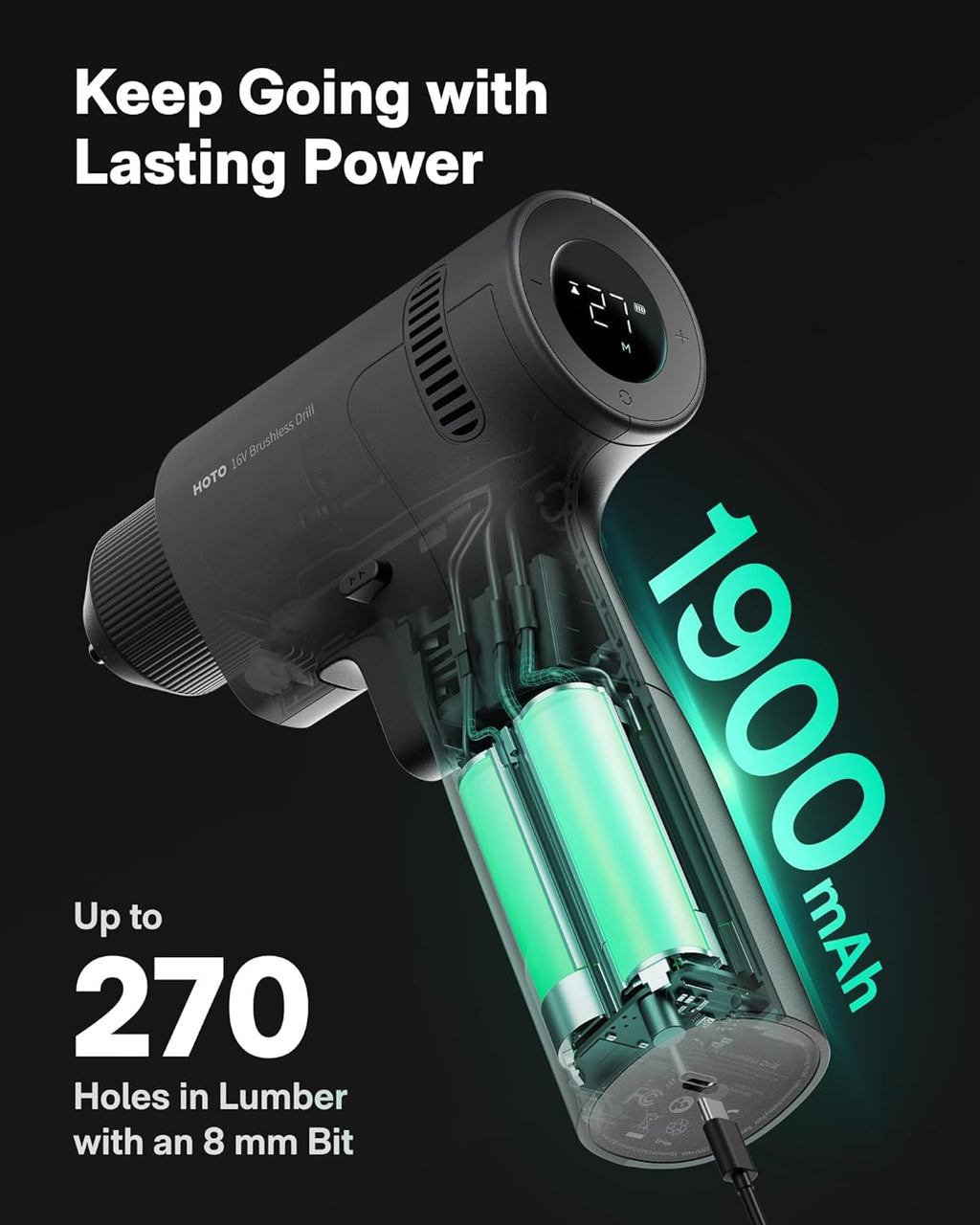 HOTO 16V Brushless Power Drill, 50 N·m High Torque with Smart Display, Auto Mode and LED Light, 10 Bits, 5 Drill Bits, 3/8” Keyless Chuck, Two Working Modes, Perfect for Home Repairs and Projects