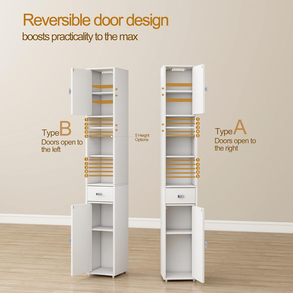 Tall Storage Cabinet, 7.9 Inch Narrow Bathroom Cabinet with USB Magnetic Light, Open Shelf, Magnetic Doors & Drawer, 5 Adjustable Shelves, Anti-Tip Kit for Small Spaces, Living Room, White, 70.9" H