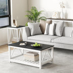 Farmhouse Coffee Table, Black and White Coffee Table for Living Room, 2-Tier Rectangular Wooden Centre Cocktail Table with Slats Shelf Storage and V-Shaped Frame Modern Coffee Tables Oak Black