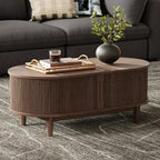 LINSY HOME Oval Coffee Table, Wood Coffee Table with Storage, Fluted Accent Center Table with Sliding Tambour Door, 39" Mid Century Modern Coffee Tables for Living Room, Bedroom, Apartment, Walnut