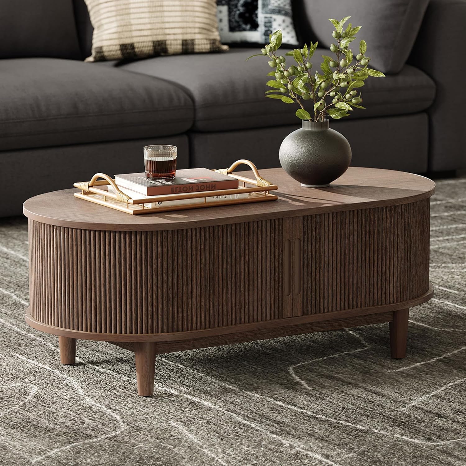LINSY HOME Oval Coffee Table, Wood Coffee Table with Storage, Fluted Accent Center Table with Sliding Tambour Door, 39" Mid Century Modern Coffee Tables for Living Room, Bedroom, Apartment, Walnut