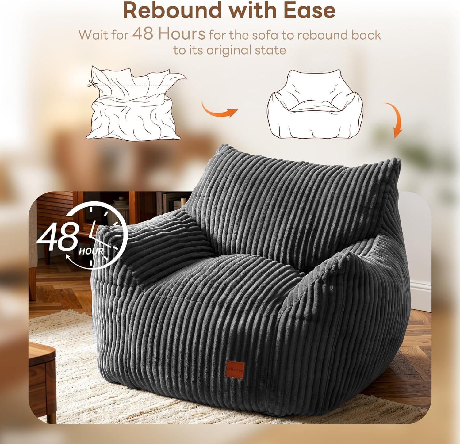 Giant Bean Bag Chair, Oversized Bean Bag Couch for Adults, Fluffy Corduroy BeanBag with Armrests for Living Room, Bedroom, Dorm Vacuum-Compressed for Easy Gifting, 48h to Expand, Dark Gray