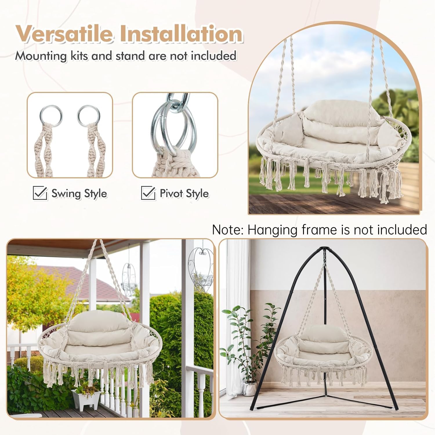Tangkula 2-Person Hanging Hammock Chair, Boho Style Macrame Hammock Swing with Soft Cushions, Tassels, Indoor Outdoor Cotton Rope Hanging Swing Chair for Bedroom, Porch, Balcony
