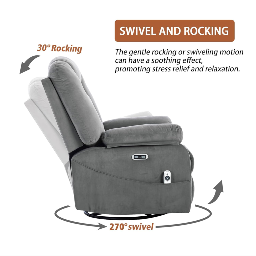 Power Swivel Rocker Recliner with Massage and Heat, USB and Type-C Port, Infinite Position, Electric Glider Rocking Chairs Living Room, Soft Fabric Reclining Sofa Chair (Velvet Grey)